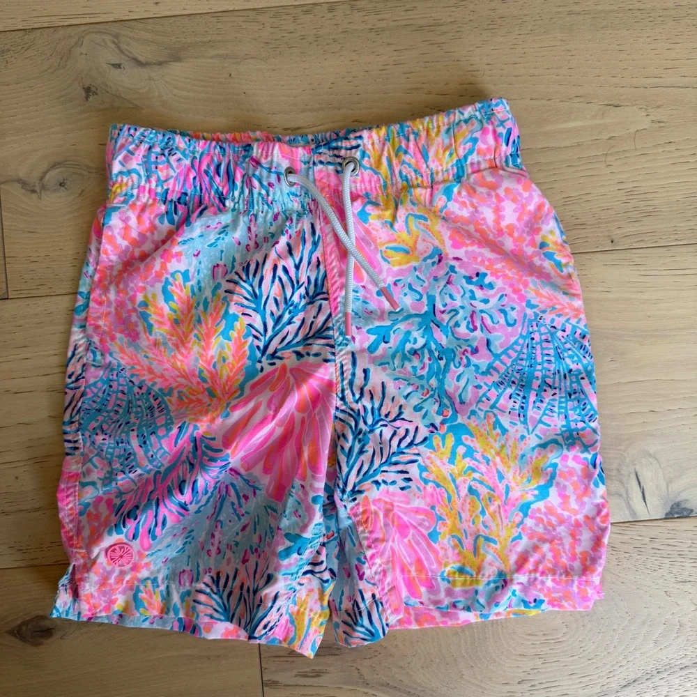 Lilly Pulitzer Boys Junior Capri Trunk Swim Shorts Coral Print Pink Blue XS 2-3